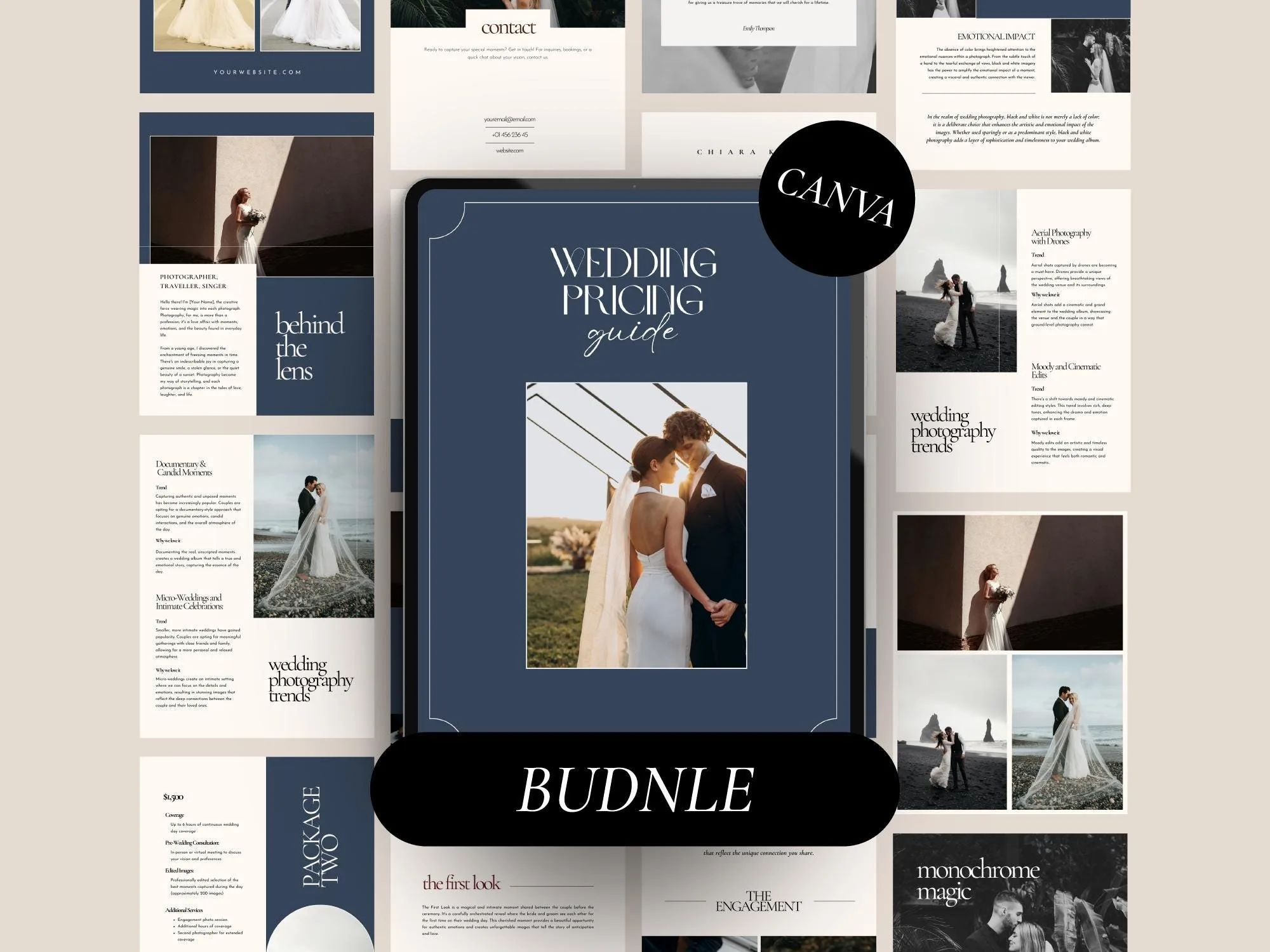 Dusty blue wedding photography bundle – pricing guide on a tablet with contract and shot list templates
