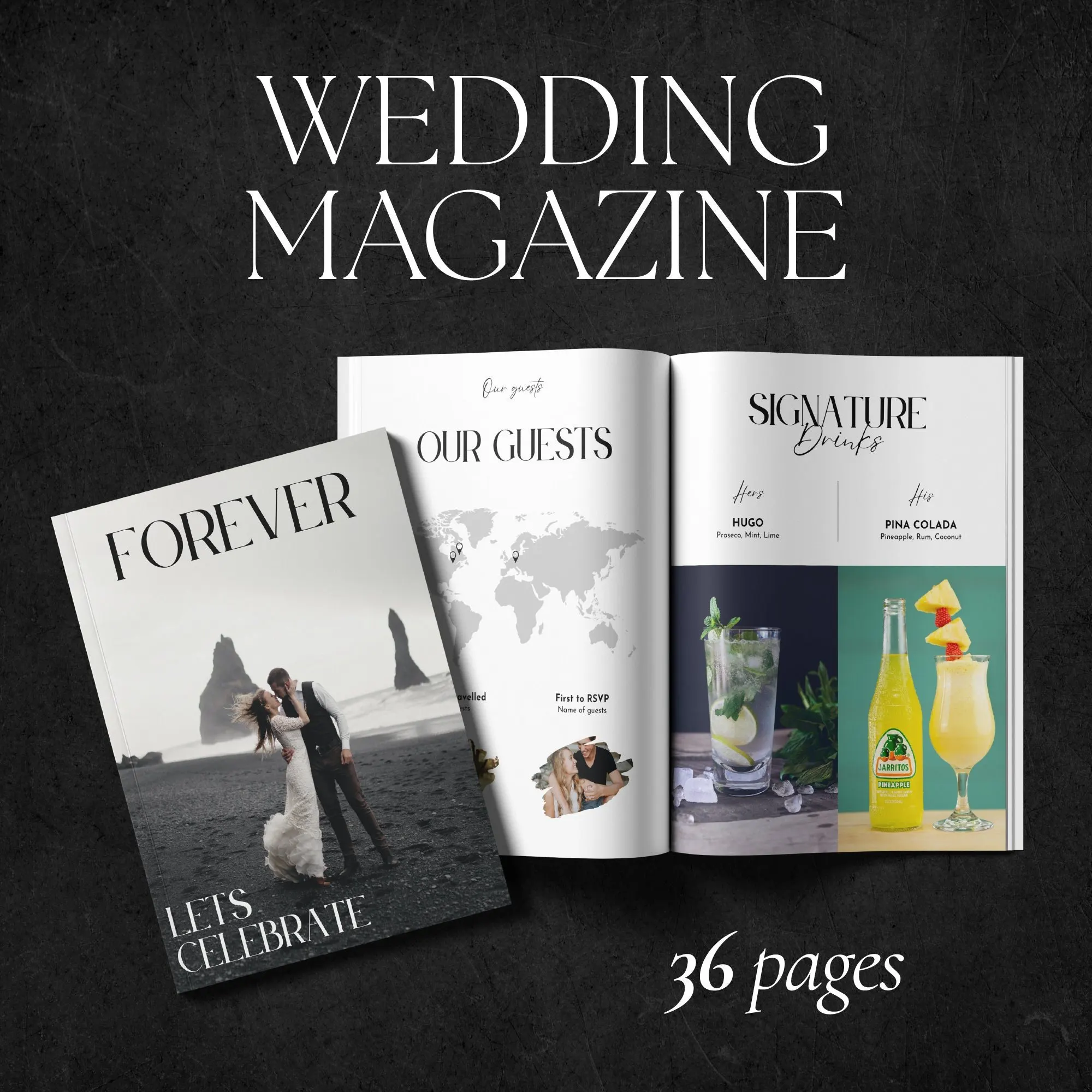 Editable 36-page wedding magazine template with black and white editorial cover and signature drinks page