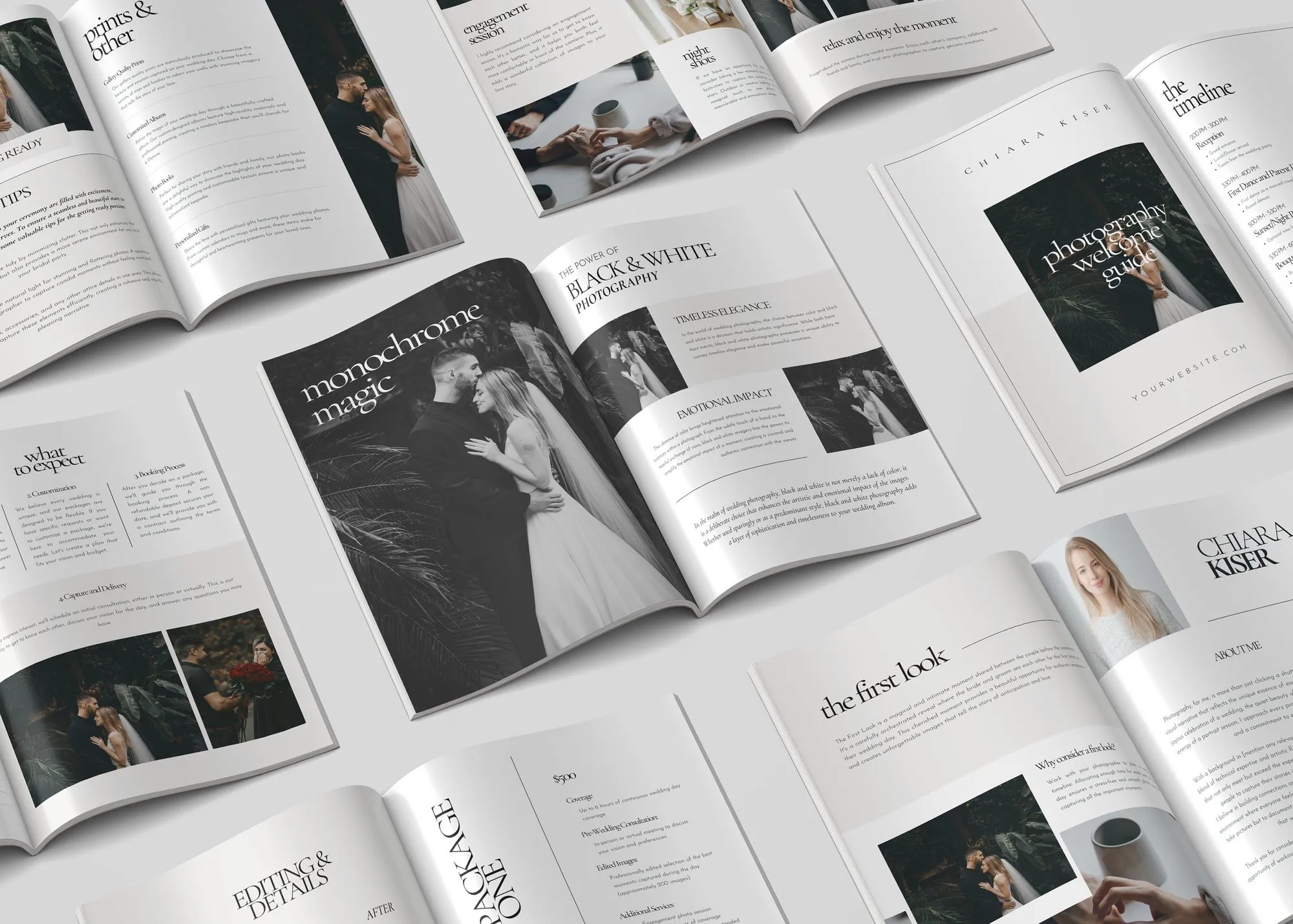 Open wedding photography pricing guide magazine with black and white couple portraits
