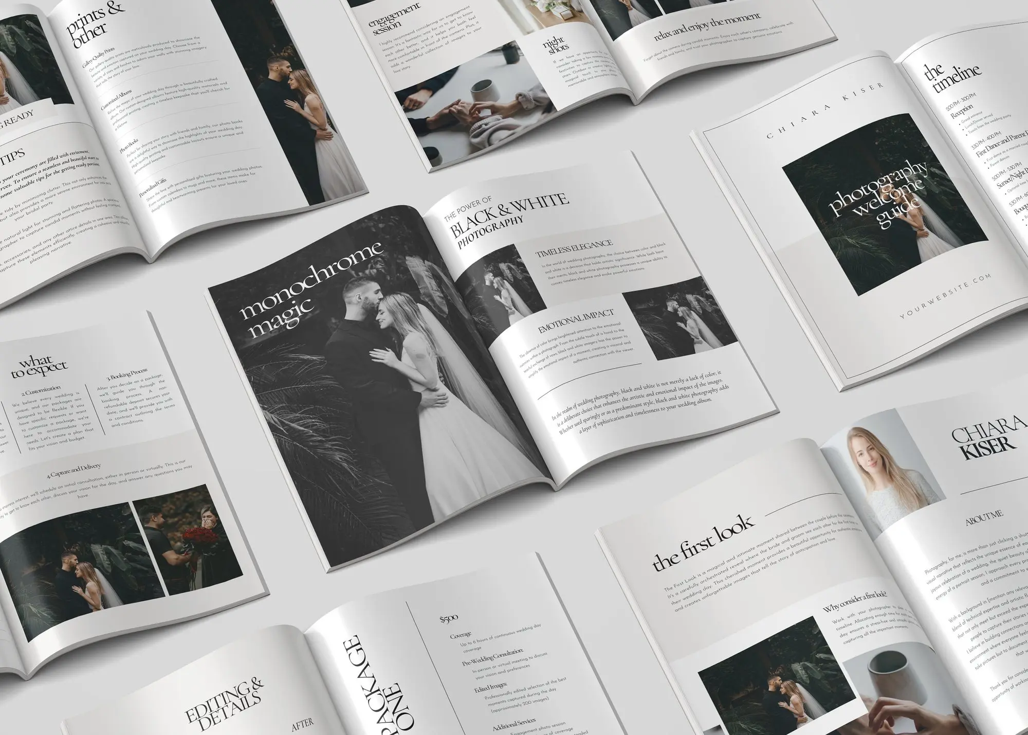 Open wedding photography pricing guide magazine with black and white couple portraits