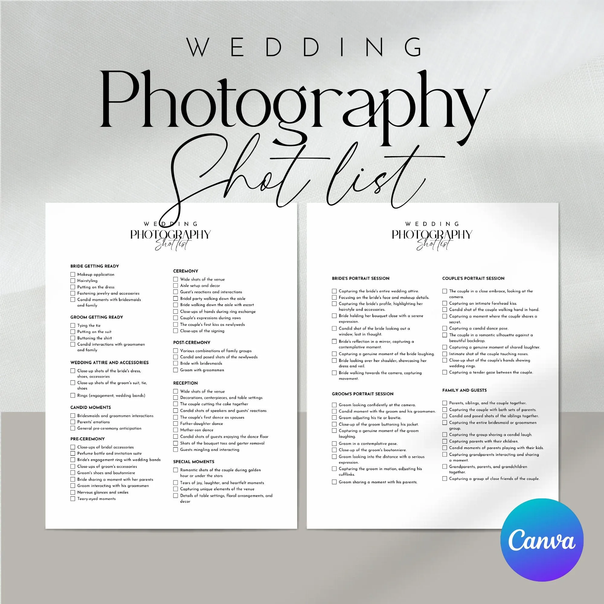 Wedding photography shot list template – two printable checklist pages in a minimalist design